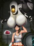 alternate_species artificial_intelligence big_breasts boob_hat breasts brown_hair cleavage clothed clothing duo female female/female female_human hair huge_breasts machine midriff not_furry portal_gun side_boob thought_bubble topwear smutista portal_(series) valve chell glados human humanoid mammal robot robot_humanoid absurd_res digital_media_(artwork) hi_res