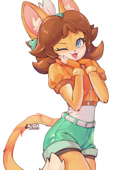 alternate_species anthro belt blue_eyes bottomwear brown_hair clothed clothing eyebrows eyelashes female fur hair inner_ear_fluff jacket looking_at_viewer one_eye_closed open_mouth open_smile orange_body orange_fur shorts smile solo tan_body tan_fur topwear tuft wink bitterk4t mario_bros mario_kart mario_kart_world nintendo princess_daisy domestic_cat felid feline felis mammal 2025 hi_res