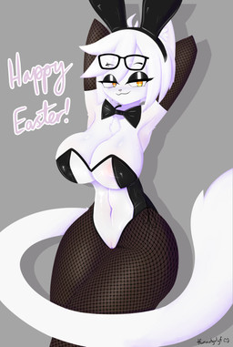 :3 anthro areola areola_slip armwear big_breasts bow_tie breasts clothing eyebrow_piercing eyelashes eyewear eyewear_on_head facial_piercing fake_ears fake_rabbit_ears female fishnet_armwear fishnet_clothing fishnet_legwear fur genitals glasses glasses_on_head hands_behind_head head_tuft holidays inner_ear_fluff latex latex_clothing latex_skinsuit legwear makeup mascara midriff navel orange_eyes piercing playboy_bunny simple_background skinsuit solo tail text thin_tail tight_clothing translucent tuft vulva white_body white_fur tfwnocatgirlgf easter ash_(tfwnocatgirlgf) domestic_cat felid feline felis mammal absurd_res english_text hi_res watermark