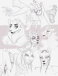 anthro claws collar eyeshadow female group lips lipstick makeup open_mouth pigtails whiskers orinvega felid fish lion mammal marine pantherine sergal shark hi_res monochrome sketch