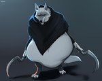 anthro belly big_belly black_clothing black_nose black_topwear clothed clothing front_view fur gradient_background grey_body grey_fur holding_object holding_weapon huge_belly male open_mouth red_eyes simple_background solo standing teeth topwear vore weapon white_body white_fur roobin dreamworks puss_in_boots_(franchise) death_(puss_in_boots) canid canine canis mammal wolf hi_res
