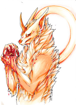 anthro blood bodily_fluids claws fur horn simple_background solo white_background ravoilie mammal 2015 hi_res traditional_media_(artwork)