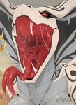 anthro black_markings bodily_fluids fangs female forked_tongue front_view glistening glistening_eyes grey_body markings mouth_shot narrowed_eyes open_mouth piercing pupils red_eyes ring_piercing saliva saliva_on_tongue sharp_teeth simple_background slit_pupils solo teeth tongue tongue_out white_body santanahoffman reptile scalie snake hi_res