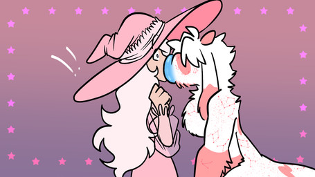 anthro blue_lips clothing donut_mouth dress duo exclamation_point eyeless female female_human fur hair hat headgear headwear hyper hyper_lips kiss_on_lips kissing lips long_hair male male/female male_anthro pink_background pink_body pink_fur purple_background side_view simple_background standing star surprised thick_lips white_body white_fur witch_hat midnite_fsnax rox_(midnite_fsnax) bovid caprine goat human hybrid mammal tardigrade tardigrade_taur 16:9 hi_res widescreen trans_(lore) trans_man_(lore)