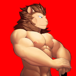 abs anthro barely_visible_genitalia barely_visible_penis biceps biped blue_eyes brown_mane claws flaccid fur genitals hands_crossed male mane muscular muscular_anthro muscular_male nipples nude pecs penis pink_nipples pink_nose red_background side_butt simple_background solo tan_body tan_fur three-quarter_view white_claws jrjresq felid lion mammal pantherine 1:1 half-length_portrait hi_res portrait