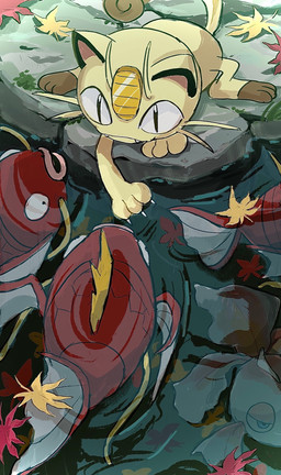 ambiguous_gender autumn_leaves blue_eyes claws feral group male moss paws plant red_body rock tail tan_body water whiskers white_body 1south3927 nintendo pokemon felid feline generation_1_pokemon goldeen magikarp mammal meowth pokemon_(species) 2021 hi_res
