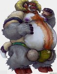 anthro balls_outline beard bulge burger clothing cum_stain detailed_bulge eating eyewear facial_hair food genital_outline glasses jockstrap male musk overweight overweight_male solo underwear yagi_b._(artist) huffaromas bovid caprine domestic_ferret hybrid mammal mustelid musteline sheep true_musteline weasel