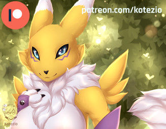 anthro blue_eyes breasts clothing female fur gloves handwear heart_symbol looking_at_viewer patreon_logo simple_background smile solo text white_body white_fur yellow_body yellow_fur kotezio bandai_namco digimon patreon canid digimon_(species) mammal renamon bust_portrait digital_media_(artwork) hi_res portrait preview url