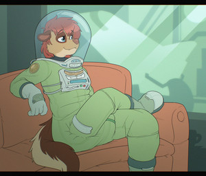 ambiguous_gender anthro big_diaper brown_body brown_ears brown_fur brown_inner_ear brown_nose brown_tail clean_diaper clothed clothing detailed_background diaper diaper_under_clothing emblem fangs fur furniture green_clothing hair multicolored_body multicolored_fur on_sofa orange_sofa pushbutton red_hair sitting smile sofa solo spacecraft spacesuit tail tan_body tan_fur tan_tail teeth text text_on_clothing two_tone_tail vehicle wearing_diaper window wire bubblepuppers anya_(fauxhammer) domestic_ferret mammal mustelid musteline true_musteline weasel letterbox nonbinary_(lore)
