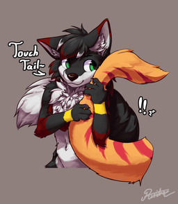 anthro black_body black_fur chest_tuft dipstick_ears disembodied_tail duo ear_markings fluffy fluffy_tail fur green_eyes inner_ear_fluff multicolored_body multicolored_ears multicolored_fur orange_body orange_fur red_body red_ear_tips red_fur simple_background smile tail text tuft white_body white_fur ruribec canid canine canis mammal wolf 2019 digital_media_(artwork) english_text hi_res shaded signature