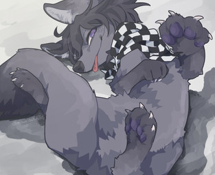 black_hair blush blush_lines checkered checkered_clothing checkered_scarf claws clothing dipstick_tail feral fur hair inner_ear_fluff lying male markings on_back pattern_clothing pattern_scarf pawpads playful purple_body purple_eyes purple_fur purple_pawpads scarf smile smiling_at_viewer smirk smirking_at_viewer solo tail tail_markings tongue tongue_out tuft white_claws white_inner_ear_fluff liquidmz danganronpa danganronpa_v3 spike_chunsoft kokichi_oma canid canine fox mammal 2018 digital_media_(artwork) digital_painting_(artwork) hi_res painting_(artwork) shaded signature