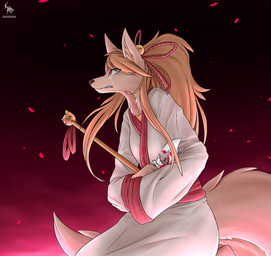 animal_mask anthro bodily_fluids clothed clothing female fox_mask fully_clothed hair kneeling mask orange_hair petals pink_eyes solo tail tears weapon kpz-70_(artist) undertale_(series) undertale_yellow ceroba_ketsukane canid canine fox mammal 2024 dated signature