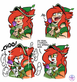 adolescent allergy anthro dialogue druid eyelashes eyeshadow fantasy female female/female flower freckled_face freckles green_eyeshadow hair long_eyelashes magic magic_user makeup plant ranger red_hair solo spring transformation tribal_spellcaster young young_female n.c._mentis beastman animal_humanoid canid canid_humanoid canine canine_humanoid fox_humanoid humanoid mammal mammal_humanoid comic digital_media_(artwork)