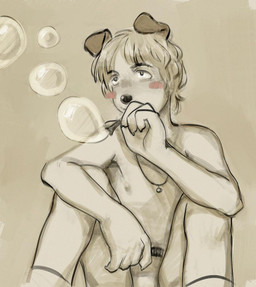 anthro blowing_bubbles blush blush_stickers bottomwear bubble clothed clothing floppy_ears folded_ears footwear front_view jewelry looking_aside male male_anthro medium_hair necklace nipples shorts sitting socks solo topless topless_anthro topless_male shinni canid canine canis domestic_dog mammal 2026