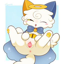anthro anus belly_eye biped blue_background blue_clothing blush blush_stickers border bow_tie butt cape cheek_tuft chibi clitoral_hood clitoris clothing digitigrade facial_tuft feet female female_anthro front_view fur fur_tuft genitals halo head_tuft heterochromatic_ears hindpaw humanoid_genitalia humanoid_vulva inner_labia kemono looking_at_viewer narrowed_eyes one_eye_closed pawpads paws presenting presenting_hindquarters presenting_vulva simple_background solo spread_vulva spreading tail text tuft urethra vulva white_body white_border white_fur white_wings wings wink yellow_pawpads yellow_sclera zyuuniie devil_connection makemon fakedoel_(makemon) 1:1 2026 artist_name digital_drawing_(artwork) digital_media_(artwork) hi_res shaded soft_shading