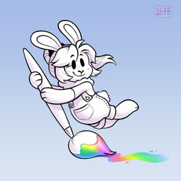 anthro barefoot brush clothing feet female hair holding_brush holding_object holding_paintbrush holding_pen overalls paintbrush pen ponytail simple_background smile solo tail taffywabbit chicory_a_colorful_tale soleil_(keffotin) lagomorph leporid mammal rabbit 1:1 2021 digital_media_(artwork) hi_res trans_(lore) trans_woman_(lore)