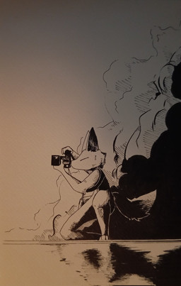 anthro biped camera cave eyes_closed fur holding_camera holding_object kneeling male on_one_knee solo taking_picture white_body white_fur yawnnii canid canine fox mammal 2025 greyscale hi_res monochrome
