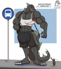 4_toes abs anthro barazoku biceps big_bulge big_muscles black_body black_scales bottomwear bulge claws clothed clothing colored_nails duo erection erection_under_clothing feet flip_flops footwear huge_bulge huge_muscles humanoid_feet male muscular muscular_male nails nipples pecs plantigrade profanity sandals scales shirt shoes shorts speech_bubble tank_top text toe_claws toes topwear white_claws white_clothing white_nails white_shirt white_tank_top white_topwear conditional_dnp zp92 godzilla_(series) toho godzilla arthropod blattodean cockroach insect kaiju hi_res