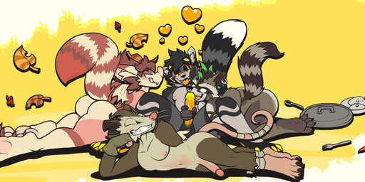 anthro back_wings balls black_hair brown_body brown_fur brown_hair butt clothing ear_piercing ear_ring erection eyes_closed eyewear eyewear_on_head facial_markings facial_piercing fangs fingerless_gloves fur genitals gloves goggles goggles_on_head green_highlights grey_body grey_fur grey_stripes grin group hair half-closed_eyes handwear head_markings highlights_(coloring) humanoid_genitalia humanoid_penis licking markings mask_(marking) membrane_(anatomy) membranous_wings mohawk narrowed_eyes nose_piercing nose_ring oral pawpads paws penile penis penis_lick piercing pink_body pink_fur pink_pawpads pink_skin ring_piercing sex smile smirk smug smug_face smug_grin striped_markings striped_tail stripes tail tail_markings tan_body tan_fur tanuki_leaf teeth tongue tongue_out wings dustythebat epic_games fortnite dusty_mcwari rufus_(fortnite) shanukk skillet_(fortnite) american_opossum canid canine mammal marsupial procyonid raccoon raccoon_dog tanuki virginia_opossum hi_res