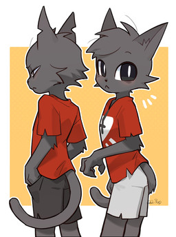 ambiguous_anthro ambiguous_gender anthro blush clothed clothed_ambiguous clothed_anthro clothing fully_clothed fully_clothed_ambiguous fully_clothed_anthro fur grey_body grey_fur grey_tail head_tuft looking_at_viewer notched_ear red_clothing red_shirt red_topwear shirt simple_background tail topwear tuft 2_3up cult_of_the_lamb massive_monster_(studio) aym_(cult_of_the_lamb) baal_(cult_of_the_lamb) domestic_cat felid feline felis mammal 2026 digital_drawing_(artwork) digital_media_(artwork) hi_res brother_(lore) brothers_(lore) male_(lore) sibling_(lore)
