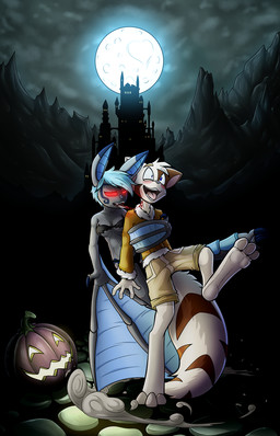 anthro bat_wings blood blue_eyes blue_hair blush bodily_fluids bra breasts clothed clothing duo fangs female food fruit fur glowing glowing_eyes grey_body grey_fur hair heart_symbol holidays jack-o'-lantern male membrane_(anatomy) membranous_wings moon plant pumpkin red_eyes teeth tongue tongue_out underwear wings lord-kiyo dreamkeepers halloween mace_(dreamkeepers) vanth bat domestic_cat felid feline felis mammal vampire 2017 hi_res