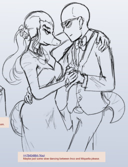 5_fingers anthro bald black_tie_(suit) breasts cleavage clothed clothing dancing dress duo eyewear female fingers hair hand_holding jewelry long_hair long_tail male male/female necklace ponytail smile snout strapless_clothing strapless_dress suit sunglasses tail text sakamtosng 4chan cavemanon_studios i_wani_hug_that_gator inco_(iwhtg) miquella_ashtail dinosaur dromaeosaurid human mammal prehistoric_species reptile saurischian scalie theropod velociraptor 2025 english_text monochrome sketch