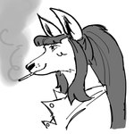 anthro black_nose button_(fastener) cigarette cigarette_in_mouth cigarette_smoke closed_smile clothed clothed_anthro clothed_female clothing coat female female_anthro grey_hair hair long_hair mouth_closed object_in_mouth ponytail side_view simple_background smile smoke solo topwear whisker_spots white_background flockdog martel_(megatome) arctic_fox canid canine fox mammal true_fox 2024 bust_portrait digital_media_(artwork) english_description greyscale monochrome portrait sketch