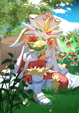 :3 ambiguous_anthro ambiguous_gender anthro blue_eyes blue_sky boots clothed clothing cloud day detailed_background flaming_eyes flower footwear foreground_silhouette fur_trim_(clothing) hat headgear headwear heterochromia holding_object holding_plushie jacket outside plant plushie pokemon_plushie red_rose rose_(flower) rose_bush shoes sky smile solo sprigatito_plushie topwear tree_stump white_boots white_clothing white_footwear white_jacket white_topwear zdx nintendo pokemon fan_character cinderace generation_8_pokemon lagomorph mammal pokemon_(species) 2025 absurd_res full-length_portrait hi_res portrait