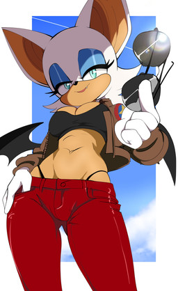 5_fingers anthro bat_wings big_breasts big_ears black_nose blue_eyeshadow bottomwear breasts cleavage clothed clothing cute_fangs eyelashes eyeshadow eyewear fangs female fingers gloves green_eyes hair handwear holding_eyewear holding_object holding_sunglasses jacket looking_at_viewer makeup membrane_(anatomy) membranous_wings midriff navel pants red_bottomwear red_clothing red_pants shirt short_hair smile solo standing sunglasses tank_top teeth thong_straps topwear white_hair wings tobitobi90 sega sonic_the_hedgehog_(series) rouge_the_bat bat mammal 2026 absurd_res hi_res
