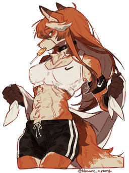 anthro athletic athletic_female athletic_wear bottomwear candy clothing dessert female food fur gym_bottomwear gym_shorts hair lollipop one_eye_obstructed orange_body orange_fur orange_hair shirt shorts simple_background solo tank_top topwear white_background noname_myeong jeanne_(noname_myeong) canid canine fox mammal 3:4 absurd_res hi_res