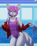 ambiguous_gender anthro canid canine clothed clothing digital_media_(artwork) eyewear femboy goggles hi_res iwbitu jacket looking_at_viewer mammal one-piece_swimsuit open_clothing open_jacket open_mouth open_topwear shaded solo sport_swimsuit standing swimwear topwear wet wide_hips