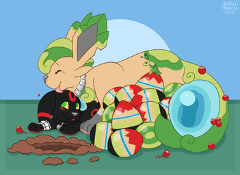 ambiguous_gender berry blush blush_lines egg feral food fruit head_lick heart_symbol jewelry laying_on_top licking love necklace plant tongue water conditional_dnp pocketpaws nintendo pokemon arthropod cricket eeveelution generation_2_pokemon generation_4_pokemon insect leafeon orthopterid pokemon_(species) umbreon 2d_animation animated frame_by_frame hi_res