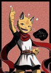 anthro belt clothed clothing female long_shirt looking_at_viewer open_mouth pose scarf simple_background smile solo whiskers arc_rose agata_(arc_rose) domestic_cat felid feline felis mammal hi_res