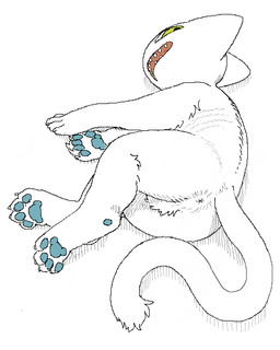 ambiguous_gender anthro anus butt digitigrade looking_at_viewer looking_back lying on_side pawpads rear_view sharp_teeth solo teeth kigoh-neko kigoh domestic_cat felid feline felis mammal aliasing digital_media_(artwork) flat_colors