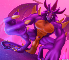 abs animal_genitalia anthro balls beckoning biceps claws crouching evil_face evil_grin facial_spikes fangs feet foreshortening genitals gesture grin horn looking_at_viewer male muscular muscular_anthro muscular_male muscular_thighs notched_wings orange_body orange_scales pecs pink_background purple_body purple_scales scales sheath simple_background smile smiling_at_viewer solo spiked_tail spikes spikes_(anatomy) tail teeth underbite wings yellow_sclera spelunker_sal activision mythology spyro_the_dragon the_legend_of_spyro malefor dragon mythological_creature mythological_scalie reptile scalie 2023 hi_res