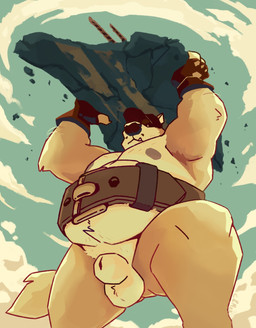 animal_genitalia anthro balls belly belt big_belly brown_belt clothing fangs front_view fur genitals gloves handwear hat headgear headwear holding_object low-angle_view male moobs mostly_nude mouth_closed nipples obese obese_anthro obese_male orange_body orange_fur outside overweight overweight_anthro overweight_male sheath solo teeth yellow_balls yellow_body yellow_fur yellow_sheath chocolateandmilk mythology canid canine mammal mythological_canine mythological_creature werecanid werecanine werecreature werewolf 2022 dated hi_res signature