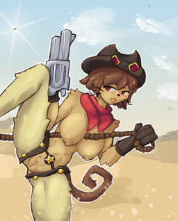 anthro big_breasts breasts brown_hair cat_tail clothed clothing cowboy_hat female fur gun gun_arm hair handgun hat headgear headwear partially_clothed ranged_weapon revolver solo spread_legs spreading tongue tongue_out weapon weapon_arm whiskers brushtool gameoverse glitch_productions kit_bodega felid feline mammal hi_res