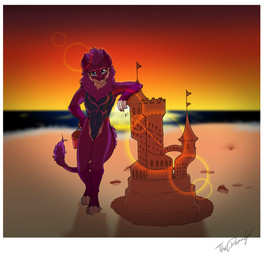 anthro beach blue_eyes bucket clothing container femboy fluffy fluffy_tail light male neck_tuft one-piece_swimsuit polaroid_photo sand_castle sculpture solo sunlight sunset swimwear tail tuft thatdamngoat humanoid nardoragon hi_res shaded signature