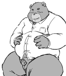 anthro balls belly big_belly clothing duo erection genitals human_on_anthro humanoid_genitalia humanoid_hands humanoid_penis interspecies kemono male male/male micro penis shirt size_difference small_penis topwear dekatanu bear human mammal 2024 hi_res monochrome