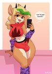 anthro blonde_hair breasts brown_body bulge clothing cosplay cute_fangs dialogue electronics erection erection_under_clothing fangs green_highlights gynomorph hair highlights_(coloring) holding_object holding_phone horn intersex looking_at_viewer navel phone simple_background smile solo teeth text borvar five_nights_at_freddy's five_nights_at_freddy's:_security_breach scottgames steel_wool_studios roxanne_wolf tori_yiffany canid canine canis domestic_dog mammal 2023 digital_media_(artwork) english_text hi_res