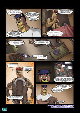 6_panel_comic anthro bed black_eyes blue_bottomwear blue_clothing blue_hair blue_pants bodily_fluids book bottle bottomwear box brown_body brown_hair chair clothed clothing container dialogue duo flashback furniture green_eyes hair holding_clothing holding_object jacket looking_under_bed lying male on_front open_mouth open_smile page_number pants profanity shelf shirt smile speech_bubble standing stealing sweat sweatdrop table tail text topwear vest white_clothing white_shirt white_topwear vju79 mythology cobby_(vju79) zudrec_(vju79) canid canine canis cougar dragon felid feline mammal mythological_creature mythological_scalie scalie wolf comic english_text hi_res multiple_scenes url