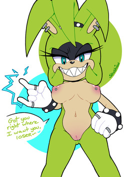 anthro breasts butt_fang clothing dominant dominant_female ear_piercing electricity elemental_manipulation female genitals gloves green_body grin hand_on_hip handwear multicolored_body narrowed_eyes nipple_piercing nipples nude nude_female piercing sharp_teeth smile solo teasing teeth two_tone_body vulva white_clothing white_gloves white_handwear senshion idw_publishing sega sonic_the_hedgehog_(comics) sonic_the_hedgehog_(idw) sonic_the_hedgehog_(series) surge_the_tenrec afrosoricid mammal tenrec absurd_res hi_res