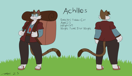 anthro backpack brown_body brown_fur clothed clothing eyewear fully_clothed fur glasses male simple_background simple_eyes solo text white_body white_fur mac-daddy achilles_(bob) domestic_cat felid feline felis mackerel_tabby mammal tabby_cat absurd_res english_text hi_res model_sheet