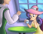 alternate_species blue_eyes blush cappuccino_(coffee) chair clothing container cup dress duo female flower foam furniture hair hat headgear headwear holding_container holding_cup holding_object human_only humanized male not_furry outside plant purple_hair table ric-m friendship_is_magic hasbro my_little_pony rarity_(mlp) human mammal 2012 5:4 grandfathered_content hi_res