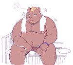 anthro belly big_belly kemono male moobs overweight overweight_male sitting solo tongue tongue_out towel towel_around_neck aretna bear mammal 2022