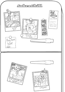 anthro appliance duo fridge kitchen_appliance male montage photo polaroid_photo alphasabre canid canine domestic_cat felid feline felis fox mammal comic greyscale hi_res monochrome