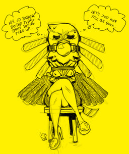 anthro ball_gag bdsm bondage bound crossed_legs eyes_closed female gag nipple_outline oversized_ball_gag restraints rope rope_bondage sitting solo text oddjuice aggretsuko sanrio secretary_washimi accipitriform avian bird secretary_bird black_and_yellow english_text hi_res monochrome