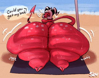 2_horns beach beach_towel big_butt black_stripes bodily_fluids butt dialogue emanata eyelashes eyes_closed freckled_butt freckles hair heart_symbol horn huge_butt huge_thighs hyper hyper_butt hyper_thighs long_tail looking_back lying male not_furry on_front question_mark rear_view red_body red_skin solo sound_effects spade_tail speech_bubble striped_horn stripes sweat sweaty_butt tail talking_to_viewer text thick_thighs towel water white_hair lewdcoalpuff hellaverse helluva_boss moxxie_(helluva_boss) humanoid imp 2025 english_description english_text