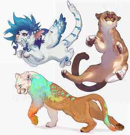 ambiguous_feral ambiguous_gender blue_body blue_eyes blue_fur blue_hair blue_sclera brown_body brown_fur brown_pawpads featureless_crotch feral front_view fur green_pawpads hair heterochromia looking_at_viewer mouth_closed orange_body orange_eyes orange_fur pawpads red_eyes side_view simple_background tan_body tan_fur whiskers white_background white_body white_fur justkiddinb felid mammal species_request hi_res
