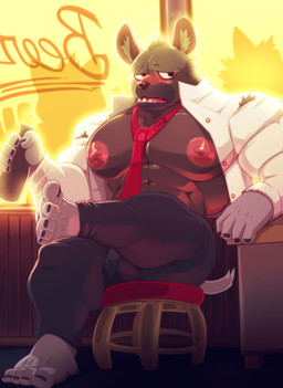 5_fingers 5_toes abs anthro athletic barefoot biceps big_muscles big_nipples big_pecs biped blush clothed clothing drunk feet fingers fur huge_muscles huge_pecs humanoid_feet humanoid_hands hyper hyper_muscles male muscular muscular_anthro muscular_male nipples pecs plantigrade solo substance_intoxication thick_thighs toes komboochie aggretsuko sanrio haida_(aggretsuko) hyena mammal spotted_hyena 2019 digital_media_(artwork) hi_res